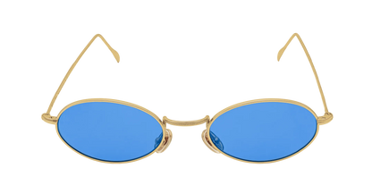 Vista frontale degli occhiali rotondi modello Marie, con montatura oro e lenti color blu cobalto, aperti