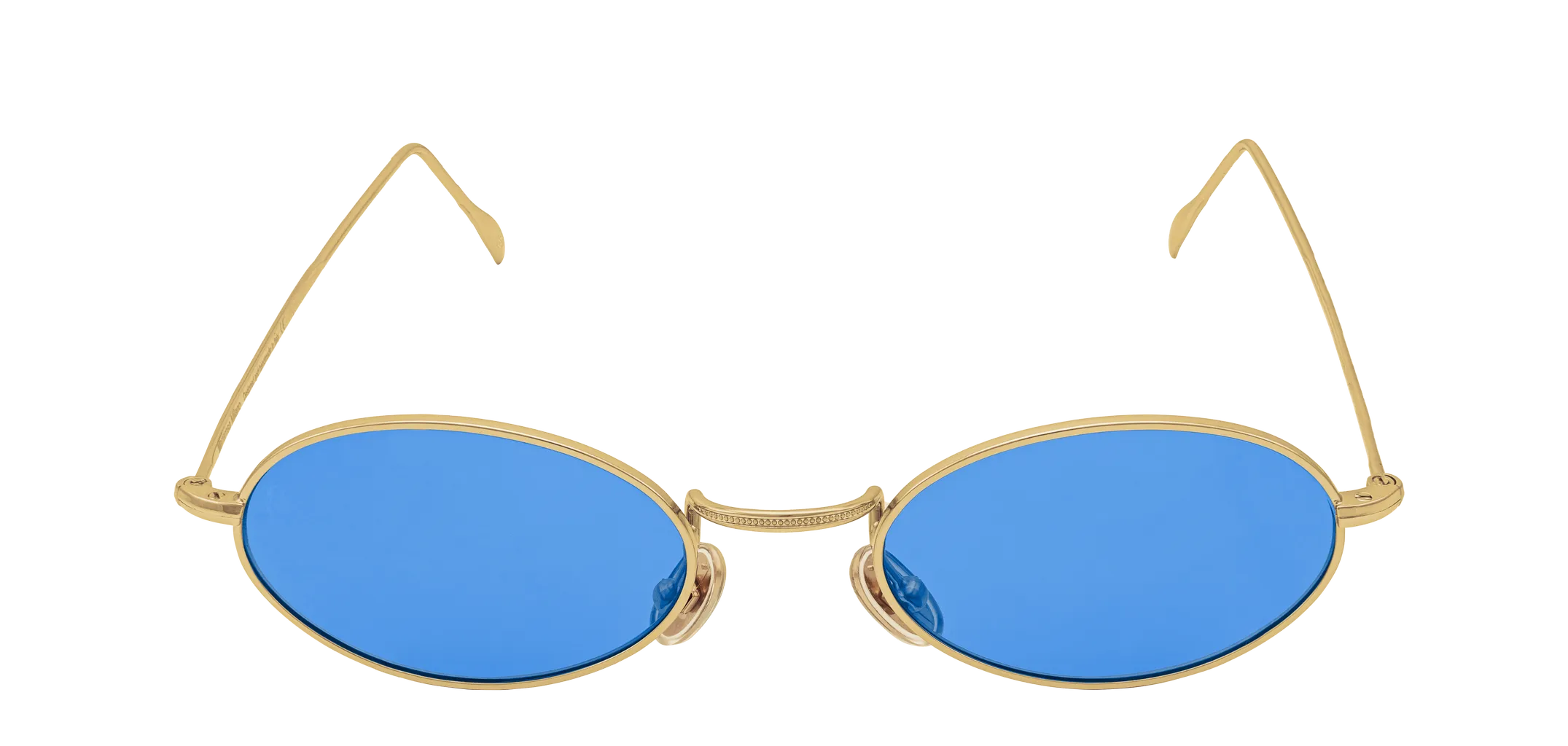 Vista frontale degli occhiali rotondi modello Marie, con montatura oro e lenti color blu cobalto, aperti