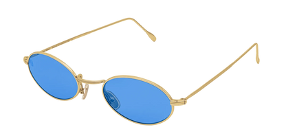 Vista a tre quarti degli occhiali rotondi modello Marie, con montatura oro e lenti color blu cobalto, aperti