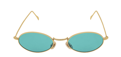 Vista frontale degli occhiali rotondi modello Marie, con montatura oro e lenti color tiffany, aperti