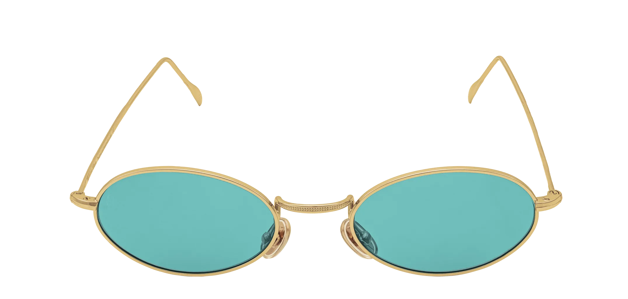 Vista frontale degli occhiali rotondi modello Marie, con montatura oro e lenti color tiffany, aperti