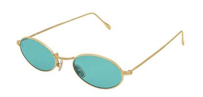 Vista a tre quarti degli occhiali rotondi modello Marie, con montatura oro e lenti color tiffany, aperti