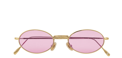 Vista frontale degli occhiali rotondi modello Marie, con montatura oro e lenti color fucsia, chiusi