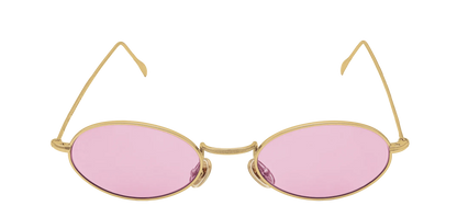 Vista frontale degli occhiali rotondi modello Marie, con montatura oro e lenti color fucsia, aperti