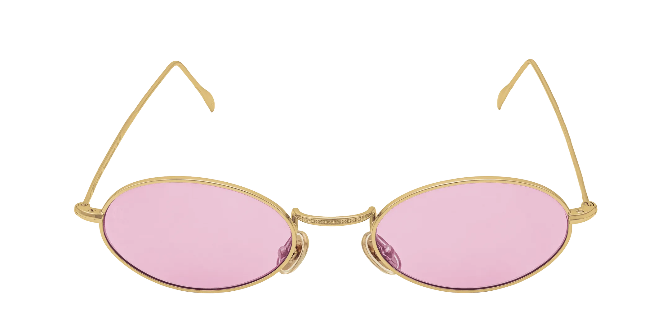 Vista frontale degli occhiali rotondi modello Marie, con montatura oro e lenti color fucsia, aperti