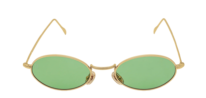 Vista frontale degli occhiali rotondi modello Marie, con montatura oro e lenti color verde chiaro, aperti