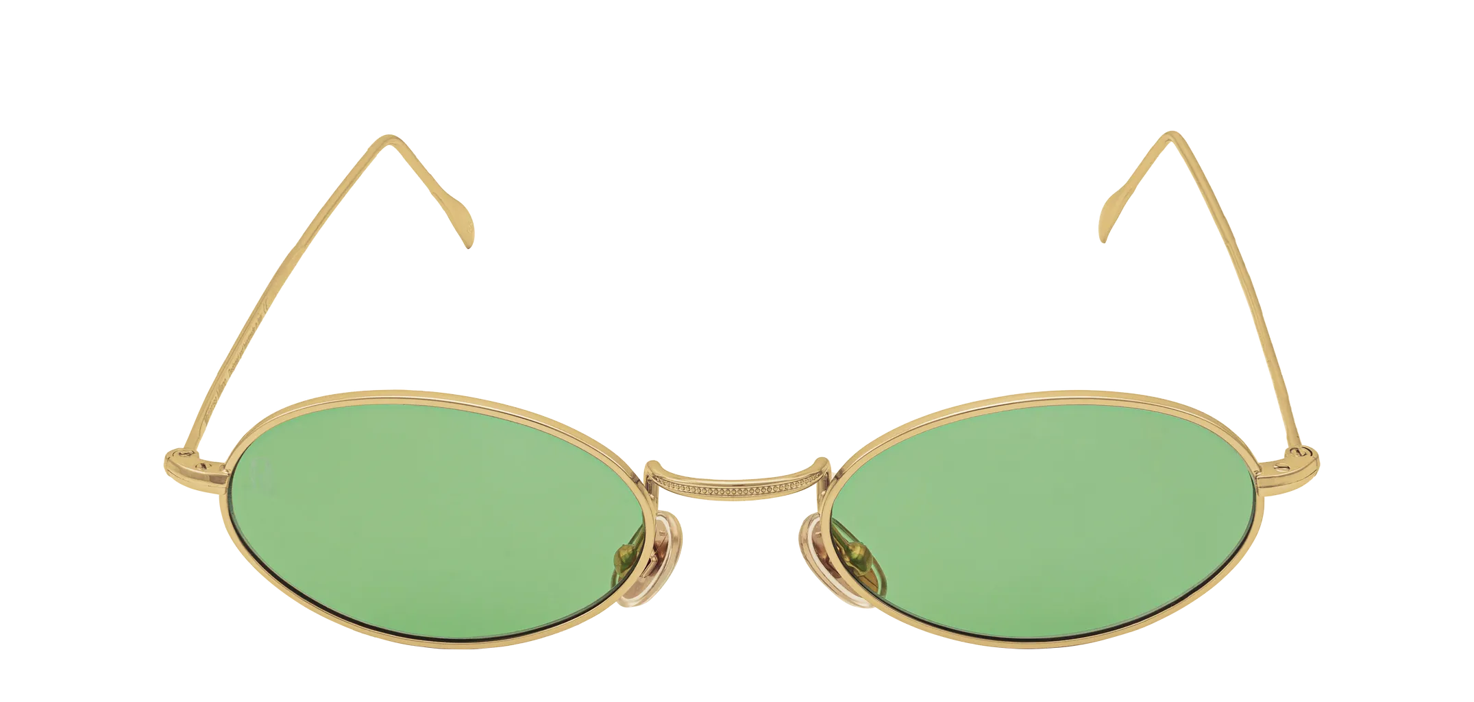 Vista frontale degli occhiali rotondi modello Marie, con montatura oro e lenti color verde chiaro, aperti