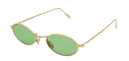 Vista a tre quarti degli occhiali rotondi modello Marie, con montatura oro e lenti color verde chiaro, aperti