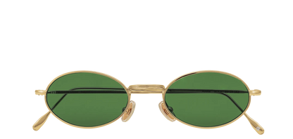 Vista frontale degli occhiali rotondi modello Marie, con montatura oro e lenti color verde scuro, chiusi