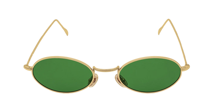 Vista frontale degli occhiali rotondi modello Marie, con montatura oro e lenti color verde scuro, aperti
