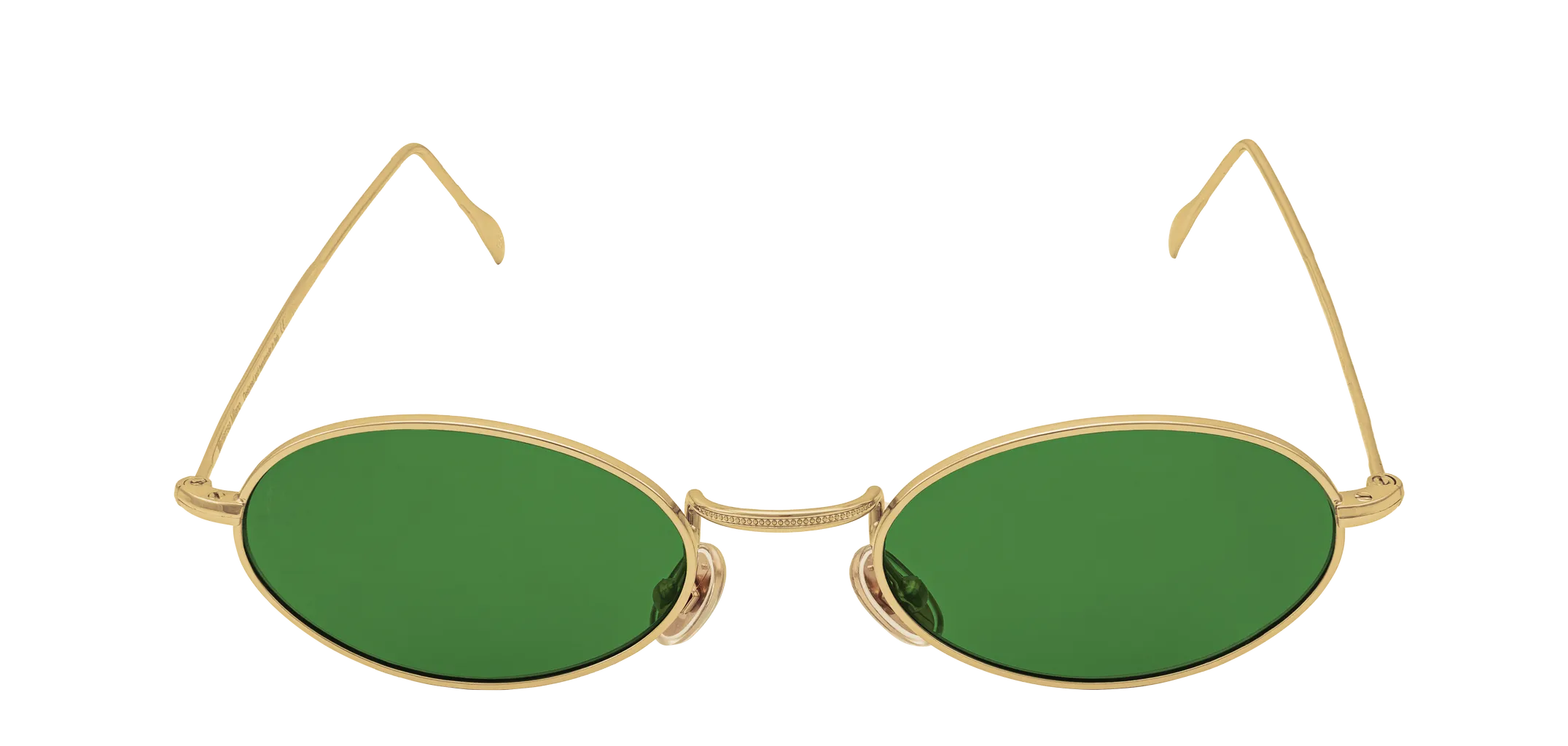 Vista frontale degli occhiali rotondi modello Marie, con montatura oro e lenti color verde scuro, aperti