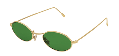 Vista a tre quarti degli occhiali rotondi modello Marie, con montatura oro e lenti color verde scuro, aperti