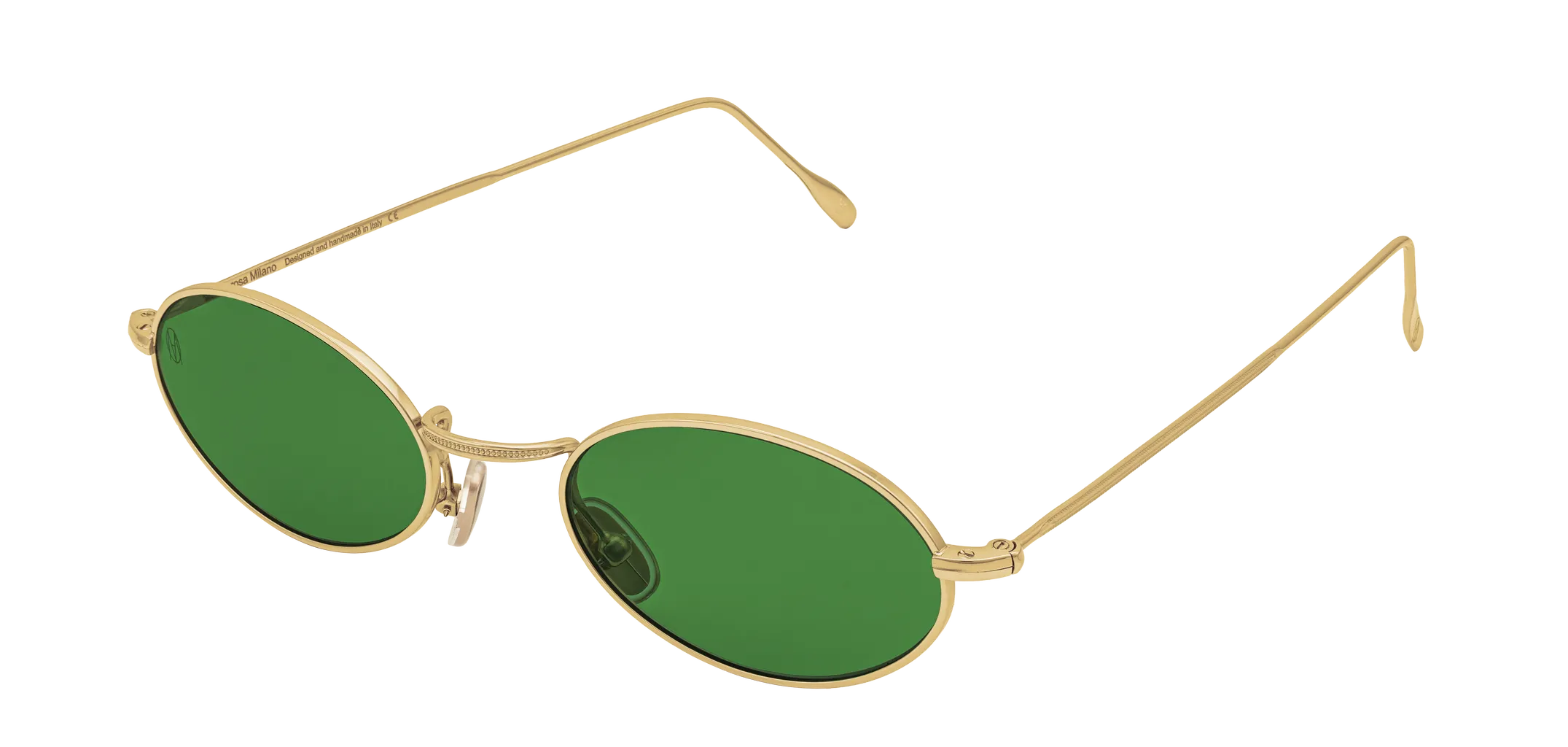 Vista a tre quarti degli occhiali rotondi modello Marie, con montatura oro e lenti color verde scuro, aperti