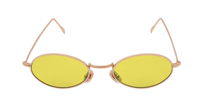 Vista frontale degli occhiali rotondi modello Marie, con montatura oro rosa e lenti color miele, aperti