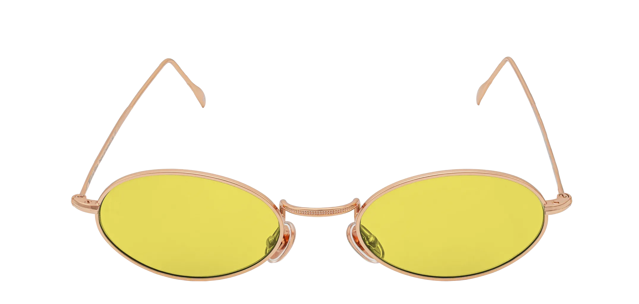 Vista frontale degli occhiali rotondi modello Marie, con montatura oro rosa e lenti color miele, aperti