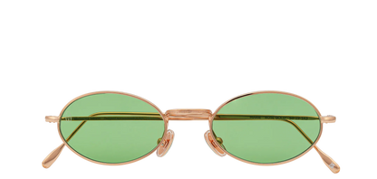 Vista frontale degli occhiali rotondi modello Marie, con montatura oro rosa e lenti color verde chiaro, chiusi