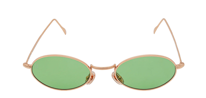 Vista frontale degli occhiali rotondi modello Marie, con montatura oro rosa e lenti color verde chiaro, aperti
