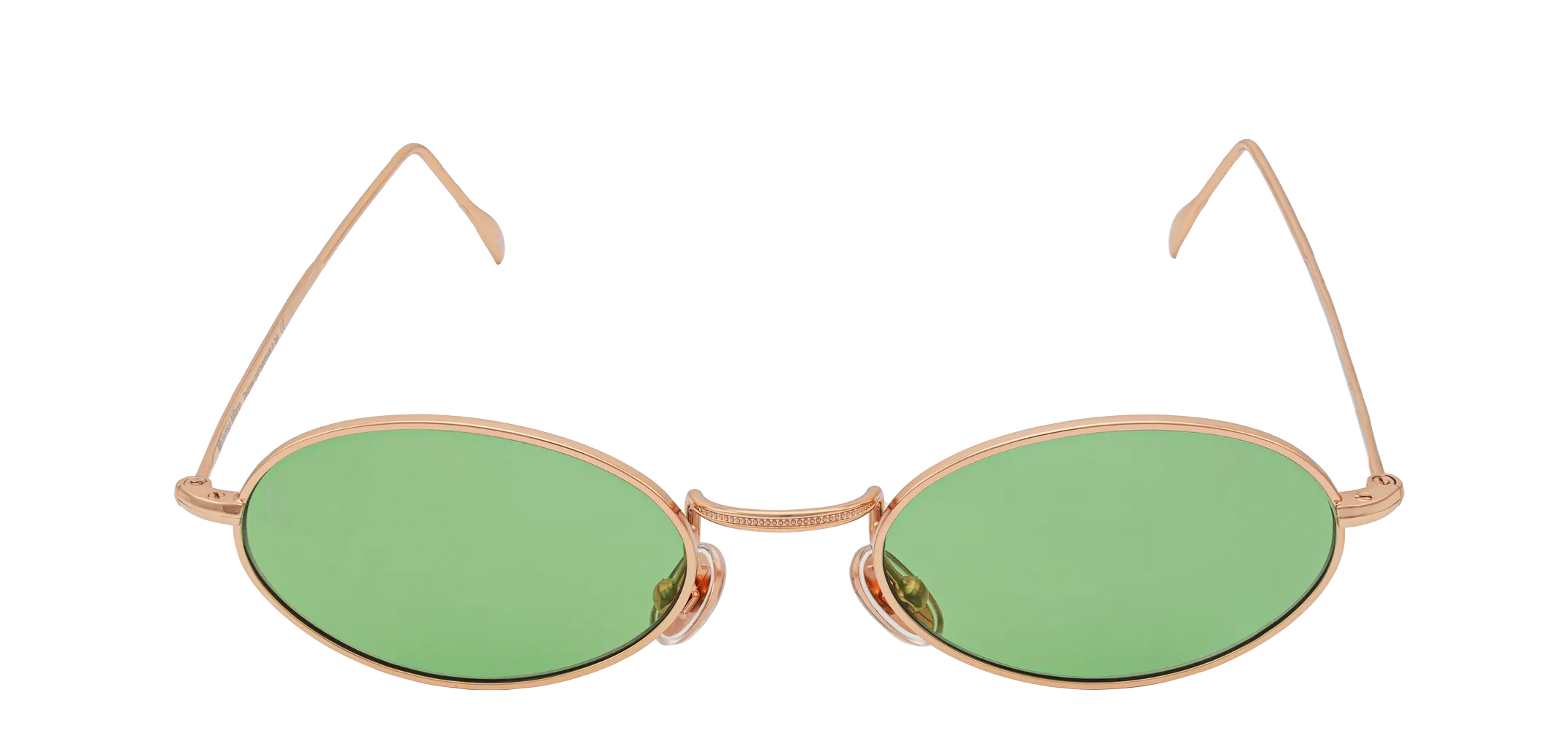 Vista frontale degli occhiali rotondi modello Marie, con montatura oro rosa e lenti color verde chiaro, aperti