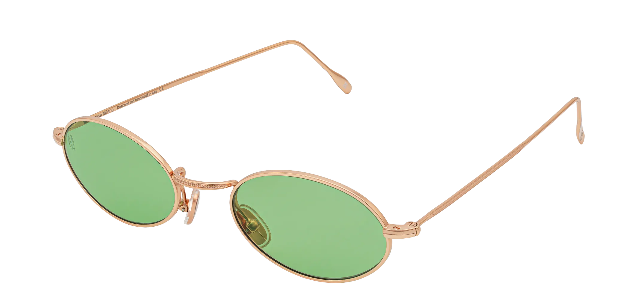 Vista a tre quarti degli occhiali rotondi modello Marie, con montatura oro rosa e lenti color verde chiaro, aperti