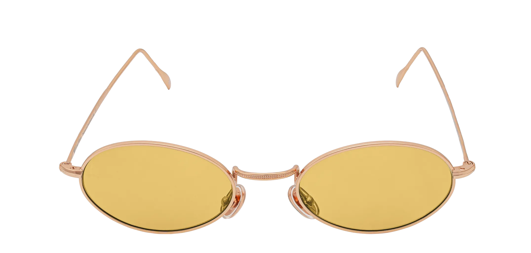 Vista frontale degli occhiali rotondi modello Marie, con montatura oro rosa e lenti color ambra, aperti