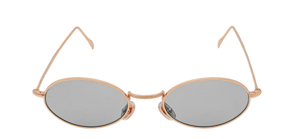 Vista frontale degli occhiali rotondi modello Marie, con montatura oro rosa e lenti color grigio chiari, chiusi