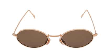 Vista frontale degli occhiali rotondi modello Marie, con montatura oro rosa e lenti color marrone scuro, aperti