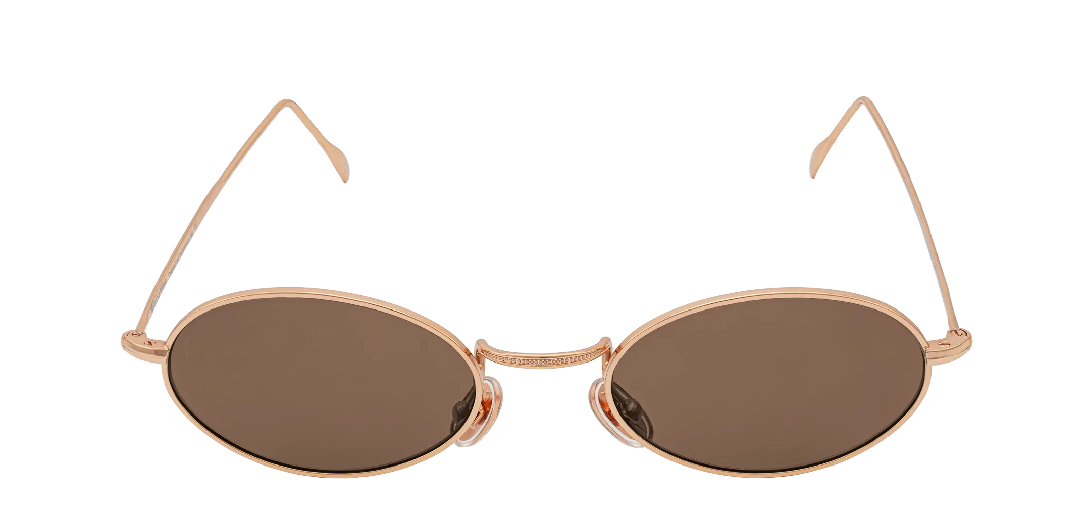 Vista frontale degli occhiali rotondi modello Marie, con montatura oro rosa e lenti color marrone scuro, aperti