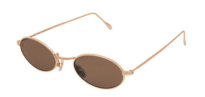 Vista a tre quarti degli occhiali rotondi modello Marie, con montatura oro rosa e lenti color marrone scuro, aperti