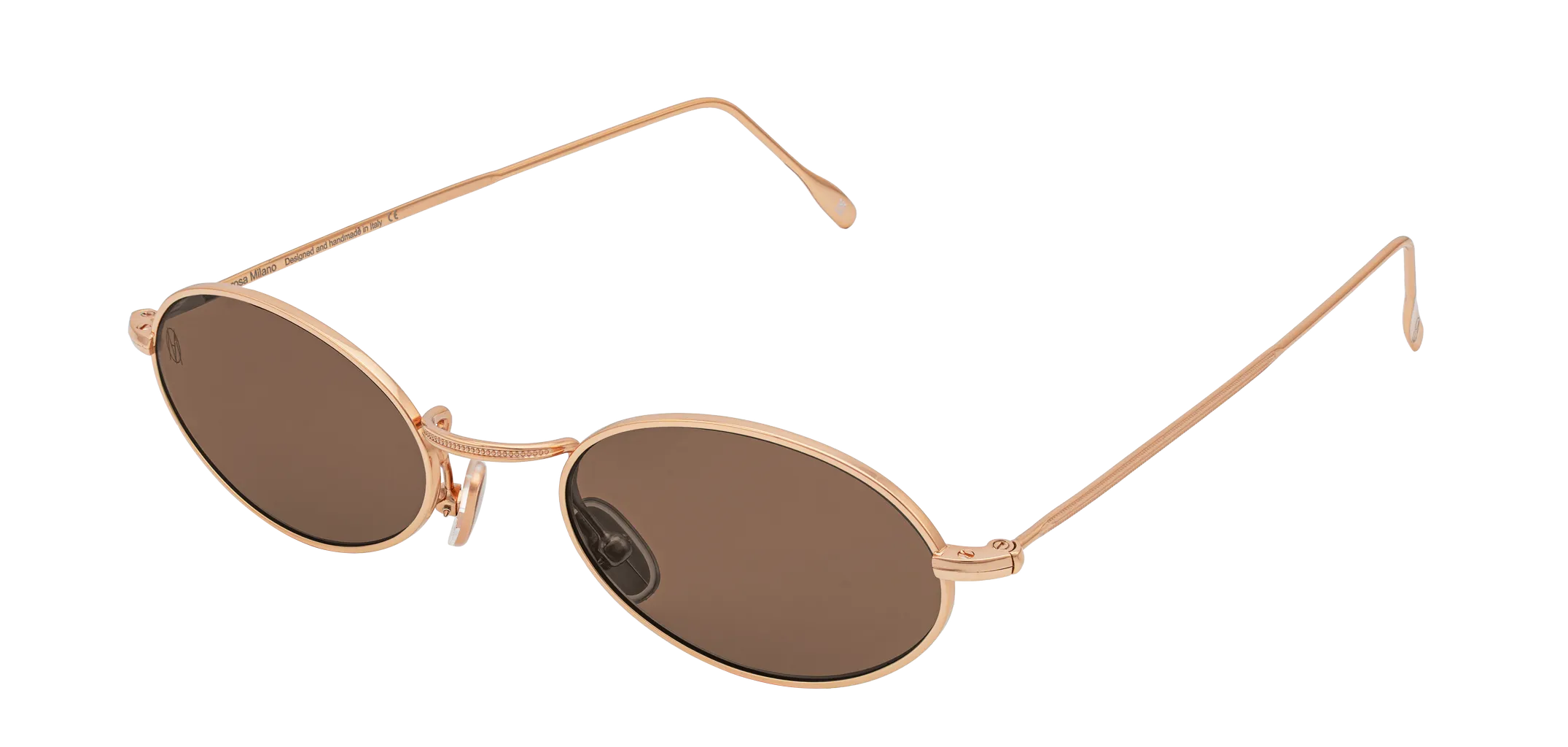 Vista a tre quarti degli occhiali rotondi modello Marie, con montatura oro rosa e lenti color marrone scuro, aperti