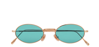 Vista frontale degli occhiali rotondi modello Marie, con montatura oro rosa e lenti color tiffany, chiusi