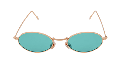 Vista frontale degli occhiali rotondi modello Marie, con montatura oro rosa e lenti color tiffany, aperti