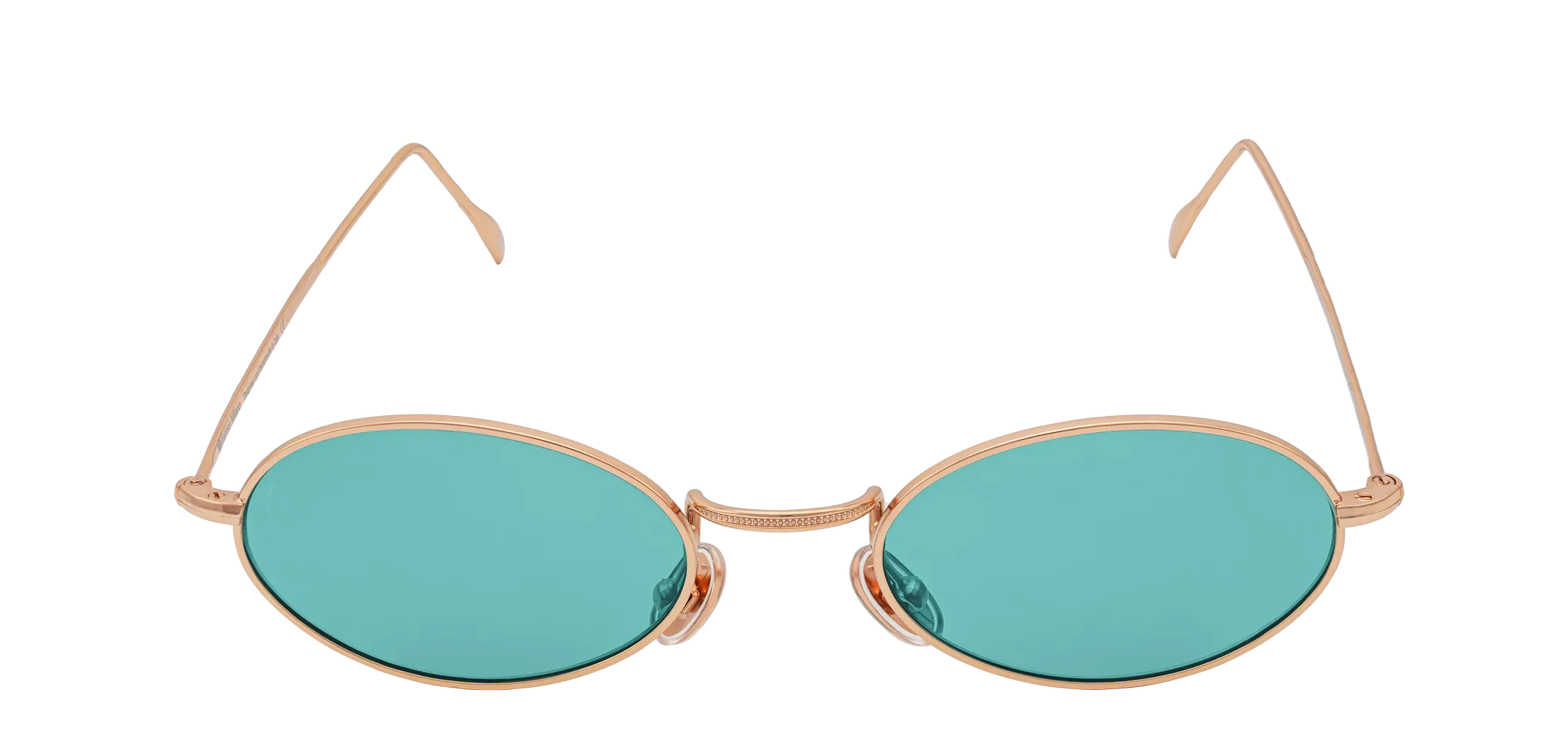 Vista frontale degli occhiali rotondi modello Marie, con montatura oro rosa e lenti color tiffany, aperti