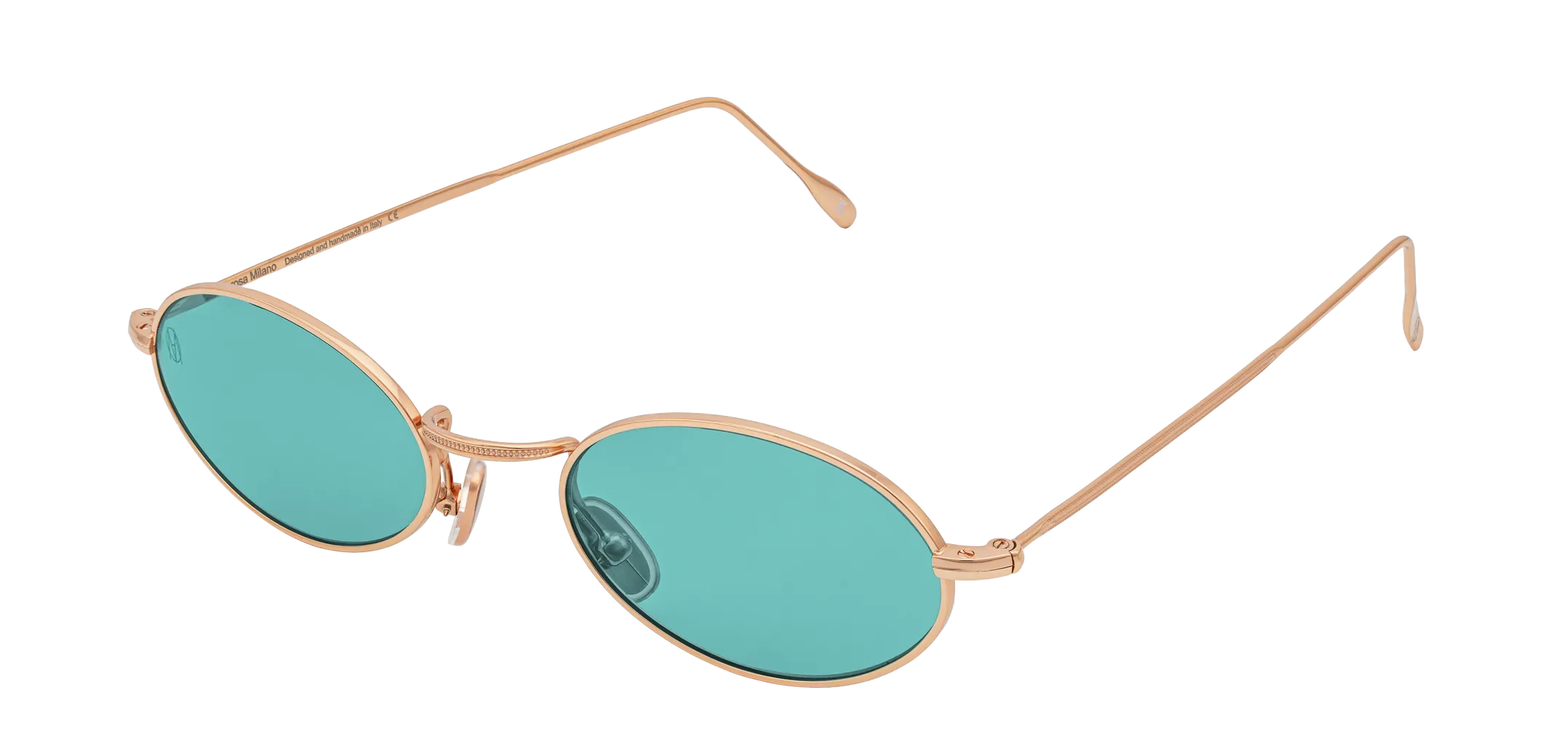 Vista a tre quarti degli occhiali rotondi modello Marie, con montatura oro rosa e lenti color tiffany, aperti