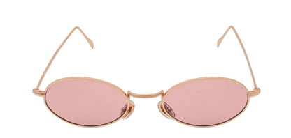 Vista frontale degli occhiali rotondi modello Marie, con montatura oro rosa e lenti color rosa antico, aperti