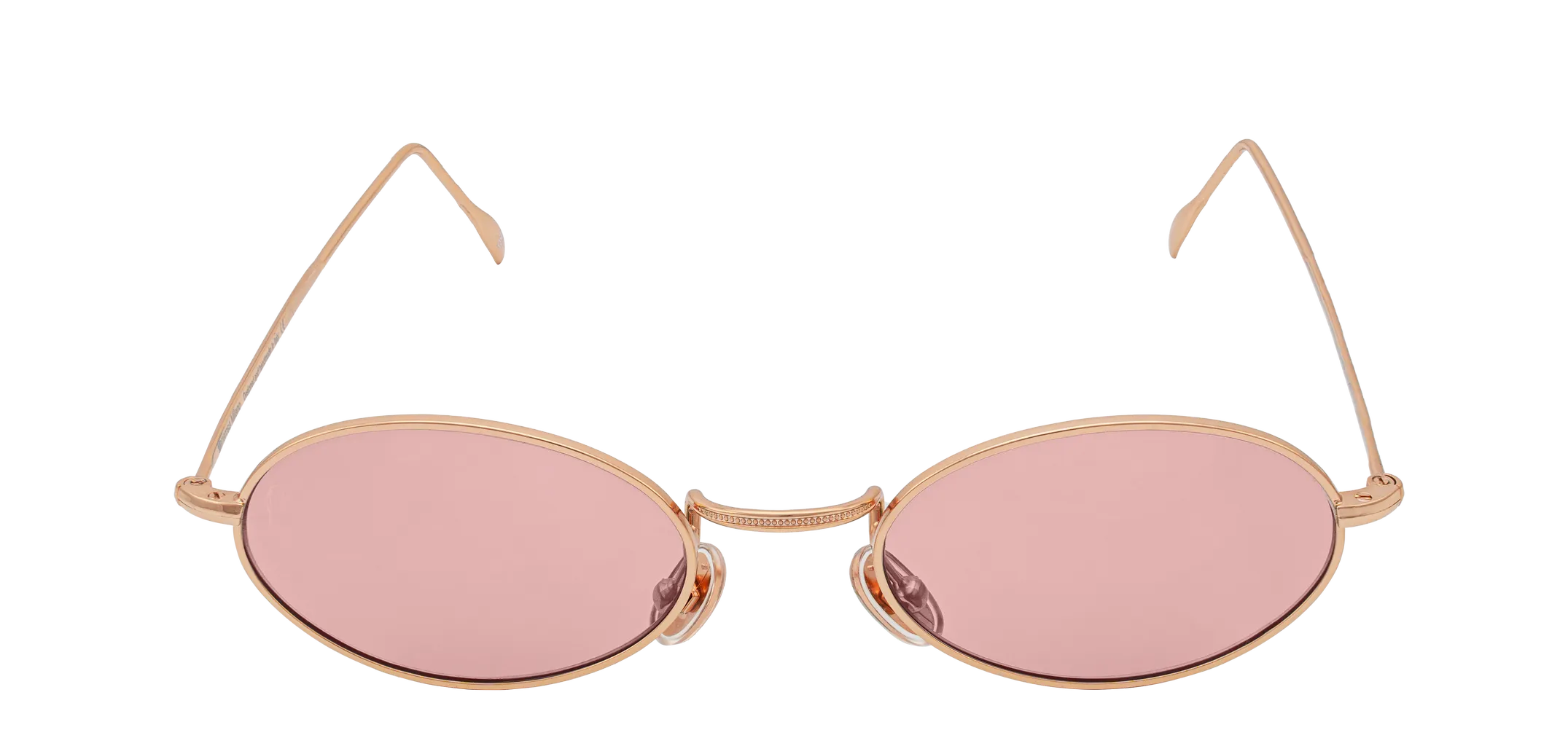 Vista frontale degli occhiali rotondi modello Marie, con montatura oro rosa e lenti color rosa antico, aperti