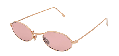 Vista a tre quarti degli occhiali rotondi modello Marie, con montatura oro rosa e lenti color rosa antico, aperti