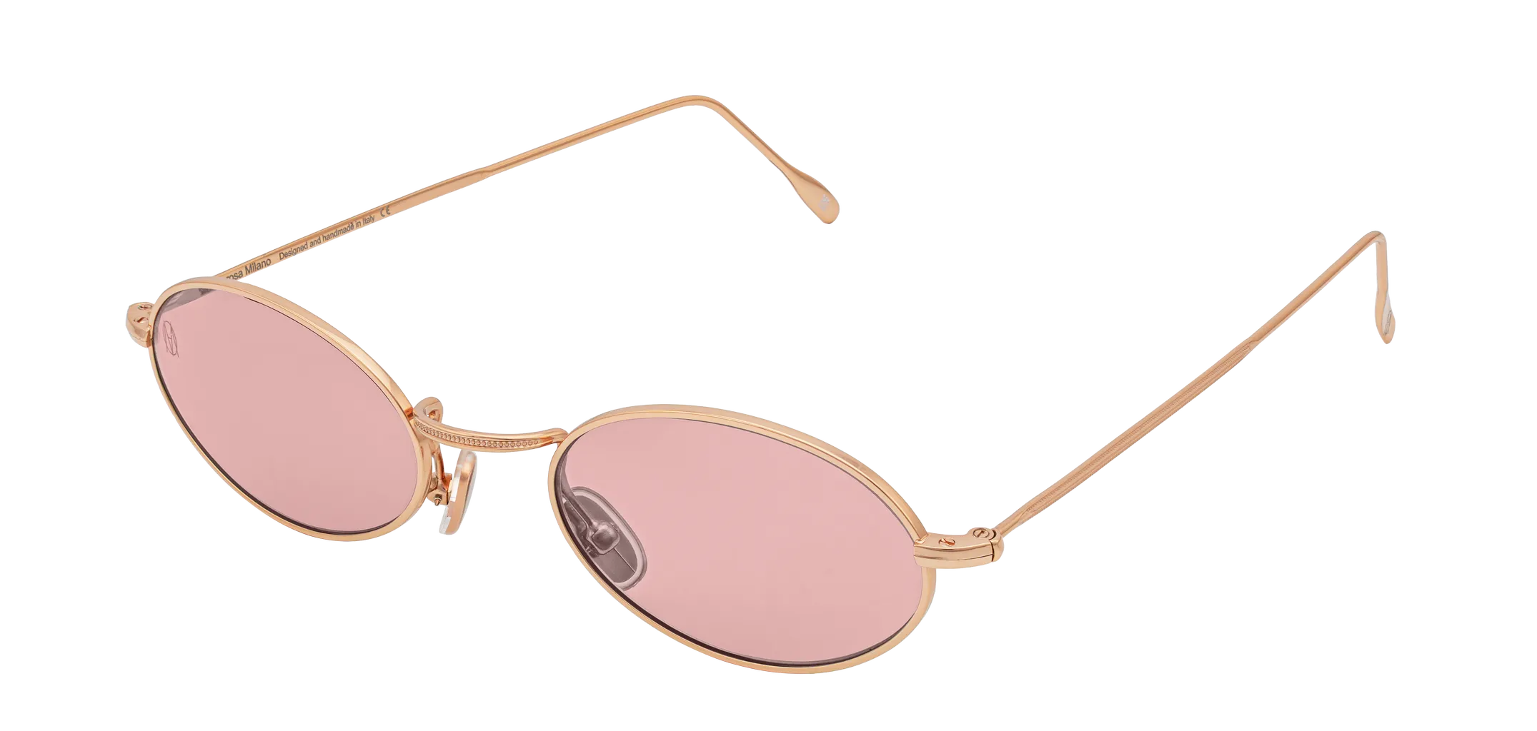 Vista a tre quarti degli occhiali rotondi modello Marie, con montatura oro rosa e lenti color rosa antico, aperti