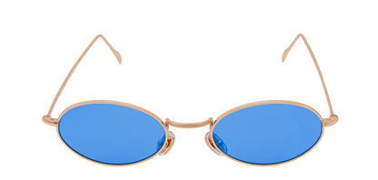Vista frontale degli occhiali rotondi modello Marie, con montatura oro rosa e lenti color blu cobalto, aperti