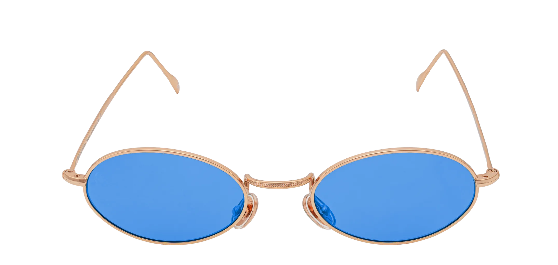 Vista frontale degli occhiali rotondi modello Marie, con montatura oro rosa e lenti color blu cobalto, aperti