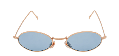 Vista frontale degli occhiali rotondi modello Marie, con montatura oro rosa e lenti color azzurro, aperti