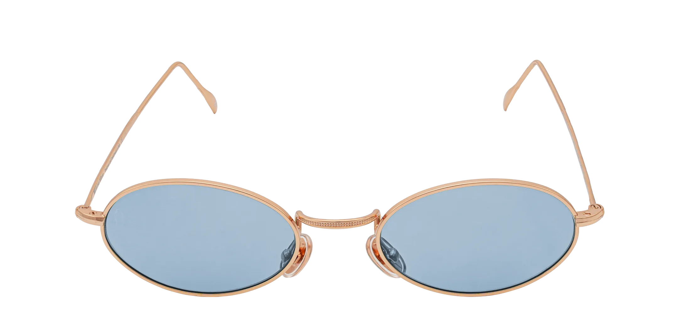 Vista frontale degli occhiali rotondi modello Marie, con montatura oro rosa e lenti color azzurro, aperti