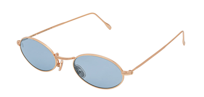 Vista a tre quarti degli occhiali rotondi modello Marie, con montatura oro rosa e lenti color azzurro, aperti