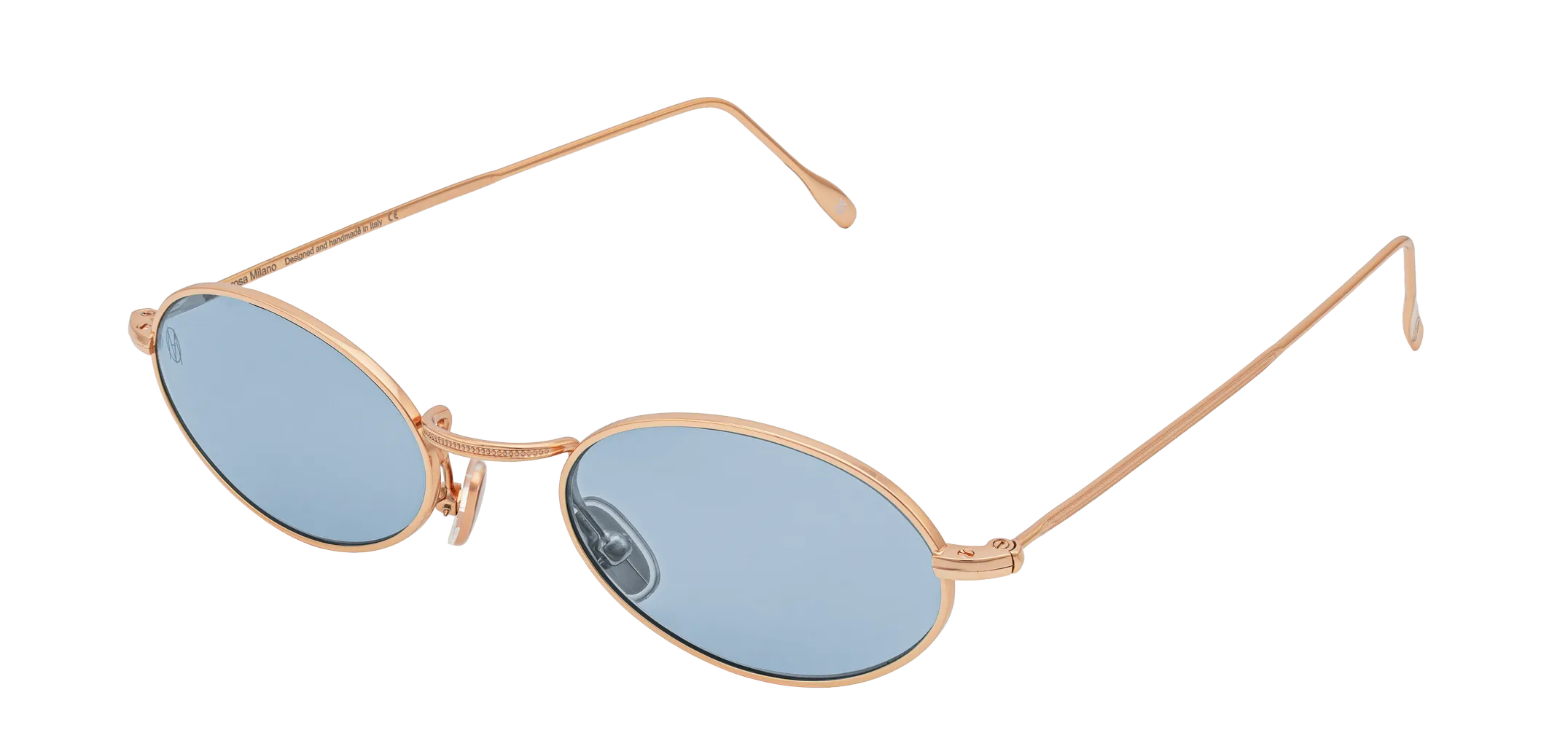 Vista a tre quarti degli occhiali rotondi modello Marie, con montatura oro rosa e lenti color azzurro, aperti
