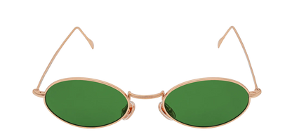 Vista frontale degli occhiali rotondi modello Marie, con montatura oro rosa e lenti color verde scuro, aperti