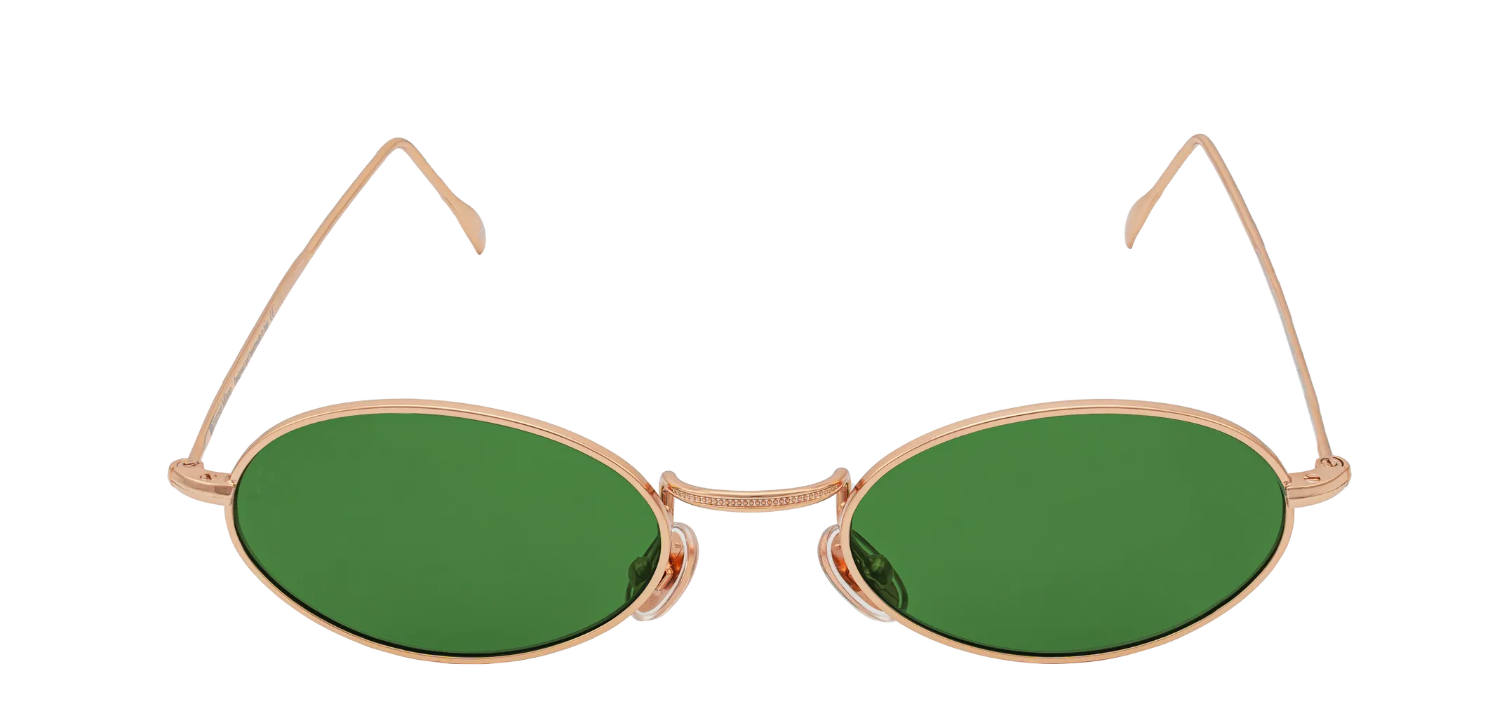 Vista frontale degli occhiali rotondi modello Marie, con montatura oro rosa e lenti color verde scuro, aperti