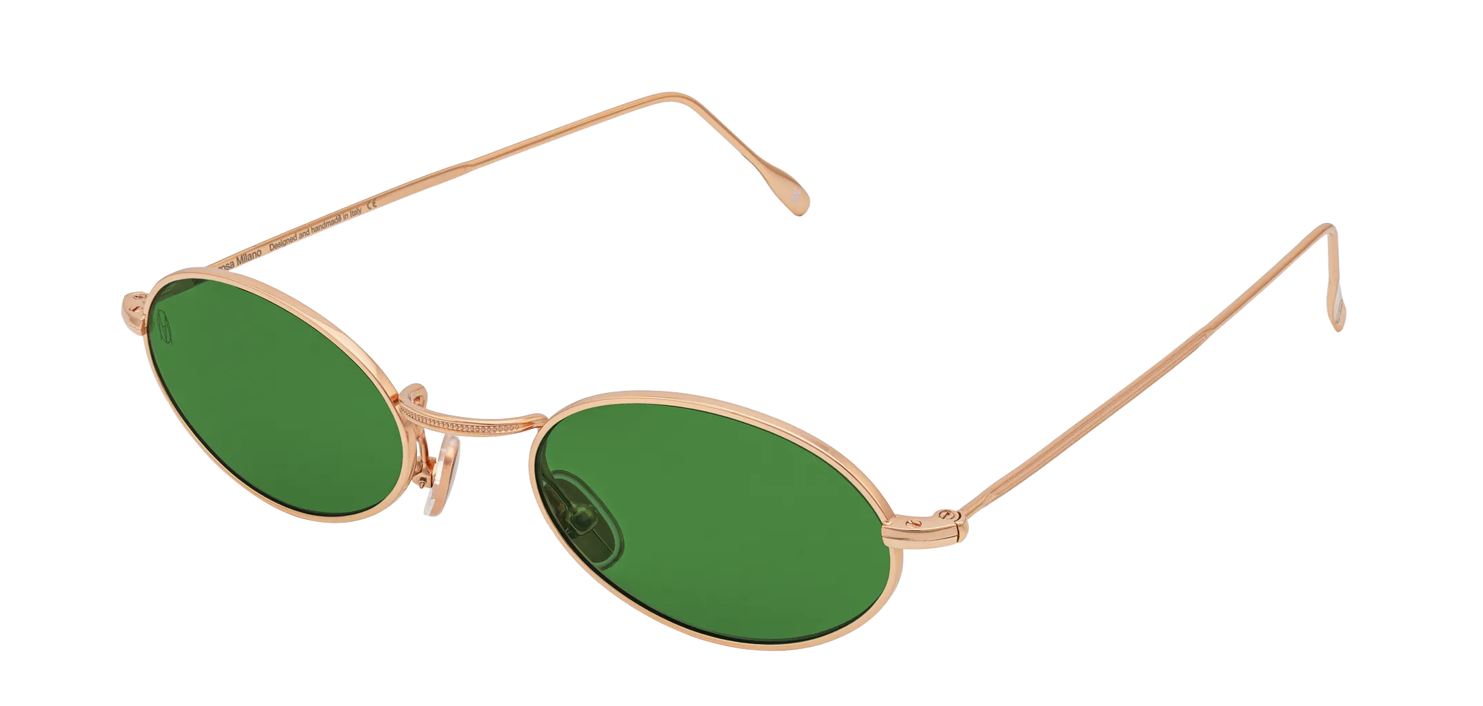Vista a tre quarti degli occhiali rotondi modello Marie, con montatura oro rosa e lenti color verde scuro, aperti