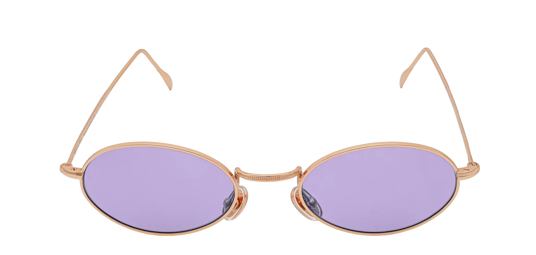 Vista frontale degli occhiali rotondi modello Marie, con montatura oro rosa e lenti color viola, aperti