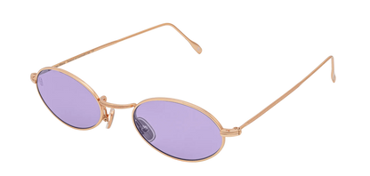 Vista a tre quarti degli occhiali rotondi modello Marie, con montatura oro rosa e lenti color viola, aperti