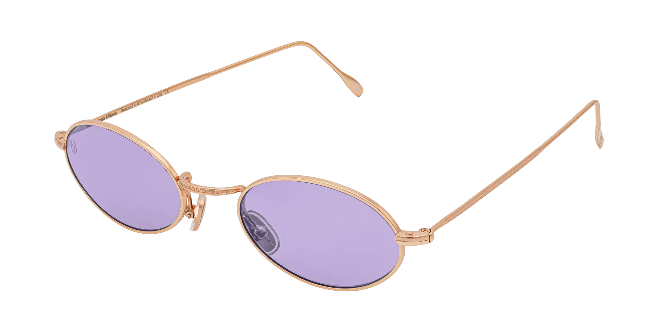 Vista a tre quarti degli occhiali rotondi modello Marie, con montatura oro rosa e lenti color viola, aperti