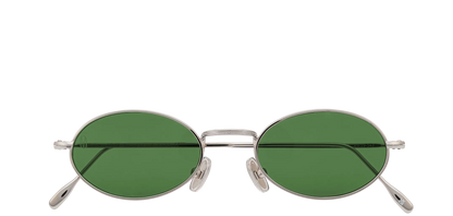 Vista frontale degli occhiali rotondi modello Marie, con montatura argento e lenti color verde scuro, chiusi